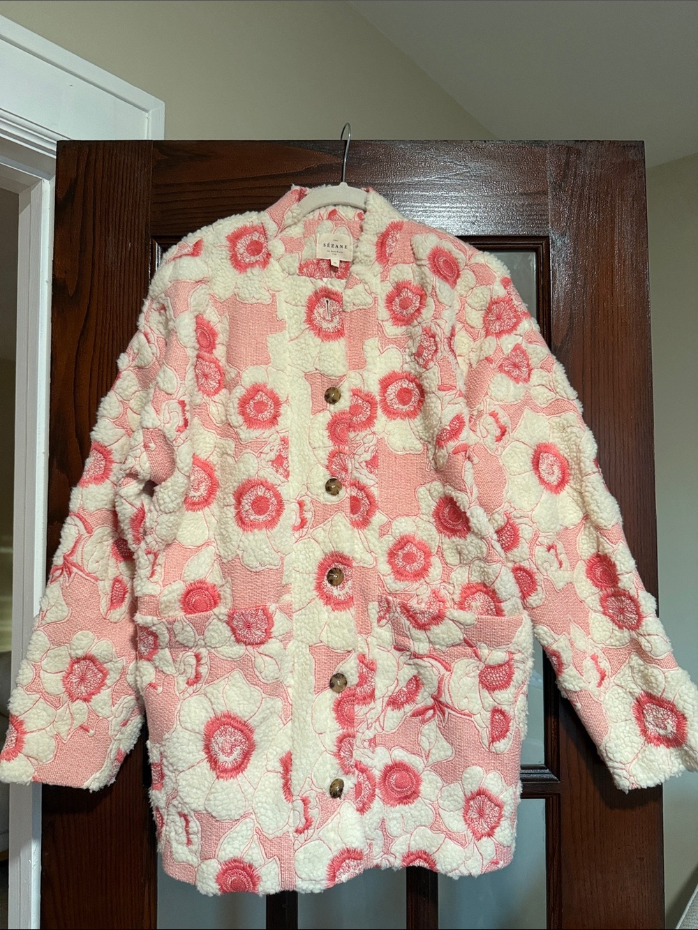 SEZANE Cream & Pink Floral Sherpa Jacket